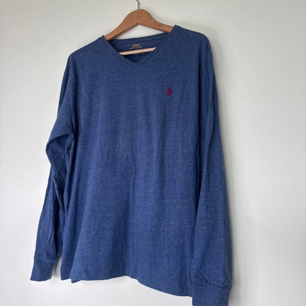 Polo Ralph Lauren Blue V Neck‎ Long Sleeve Tee Shirt Cotton Red Logo Size Large